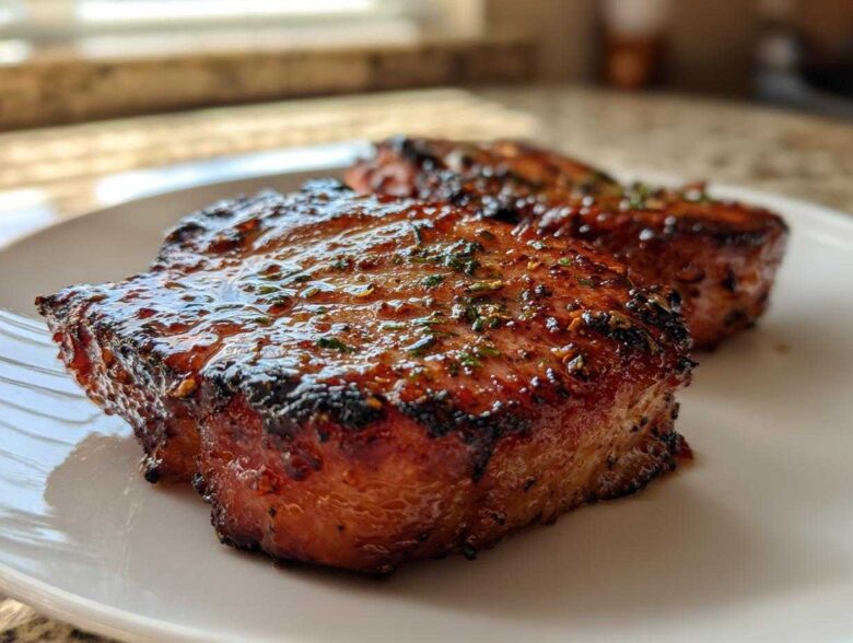 Two thick slices of Honey Glazed Ham Steak in the Skillet, caramelized and glistening with a sweet glaze and herbs.