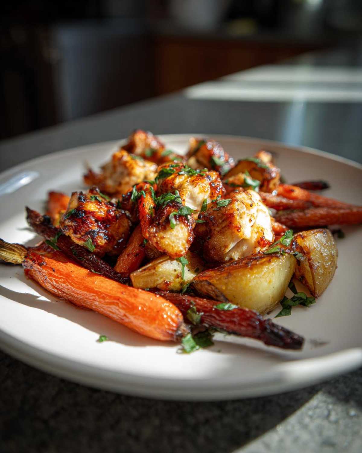 Close-up of cooked chicken pieces and roasted carrots served on a white plate, part of the Honey Mustard Chicken Bake.