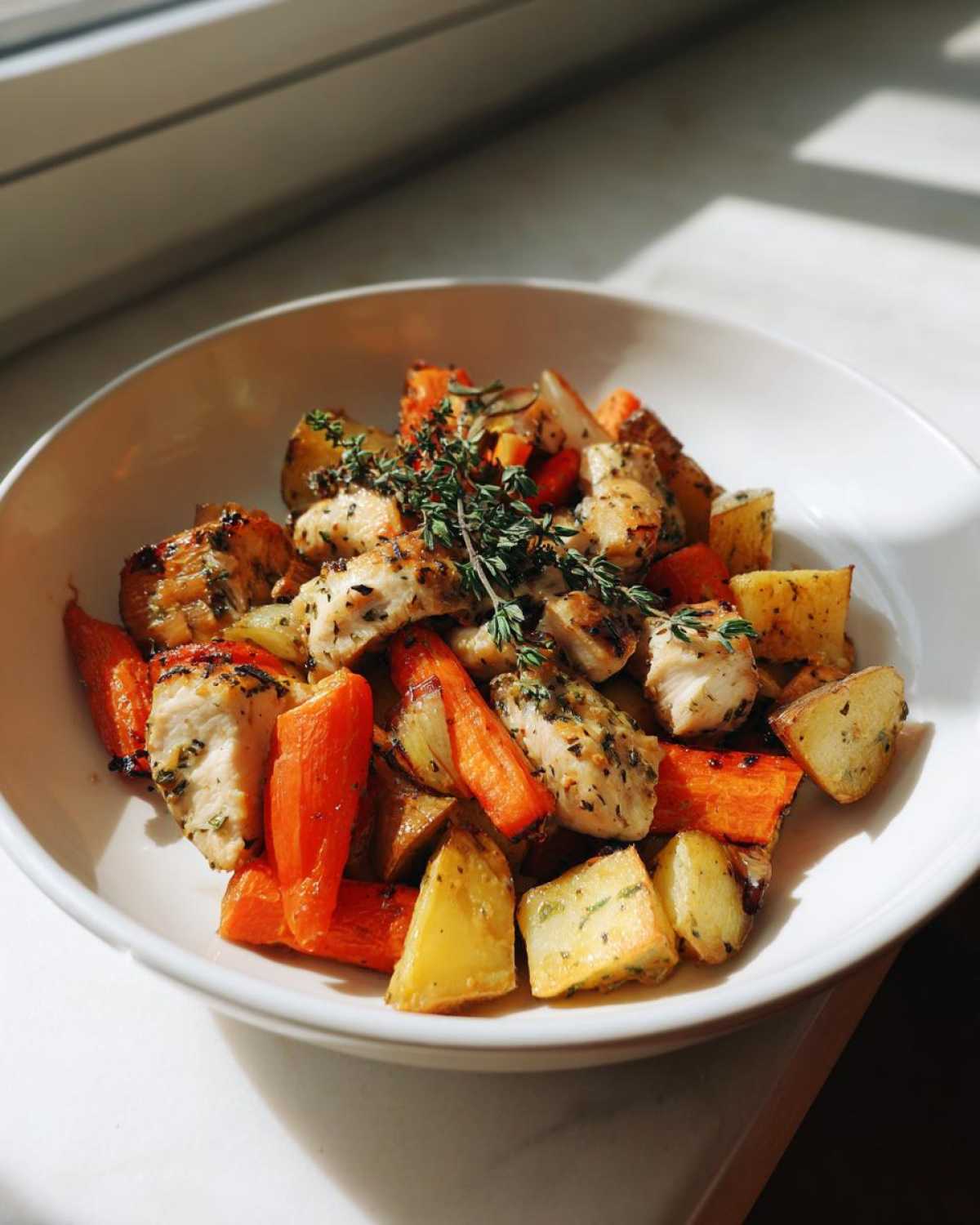 A white bowl filled with pieces of cooked chicken, bright orange carrots, and roasted potatoes, garnished with fresh thyme for the Honey Mustard Chicken Bake.