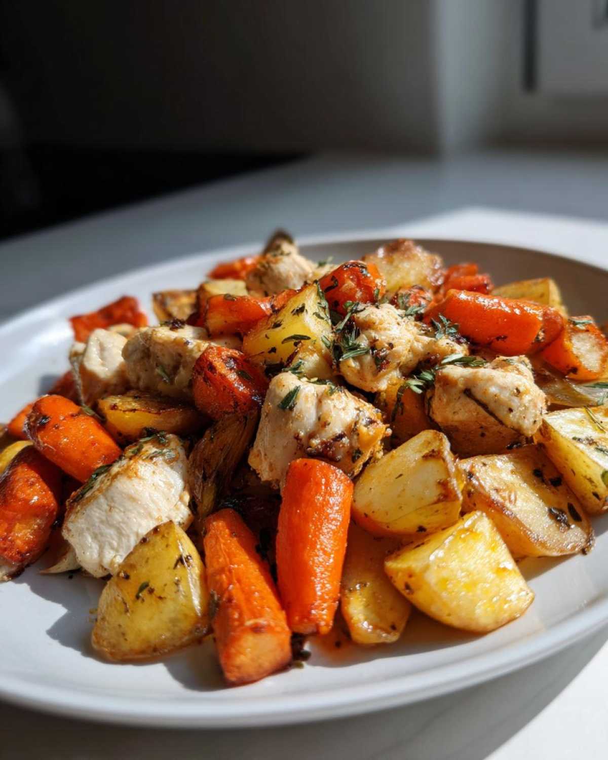 Close-up of Honey Mustard Chicken Bake with chunks of white chicken, roasted carrots, and golden potatoes on a white plate.