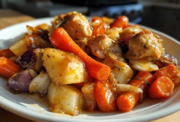 Close-up of a serving of Honey Mustard Chicken Bake with Veggies, featuring glazed chicken pieces, carrots, potatoes, and red onion.