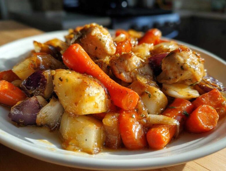Close-up of a serving of Honey Mustard Chicken Bake with Veggies, featuring glazed chicken pieces, carrots, potatoes, and red onion.