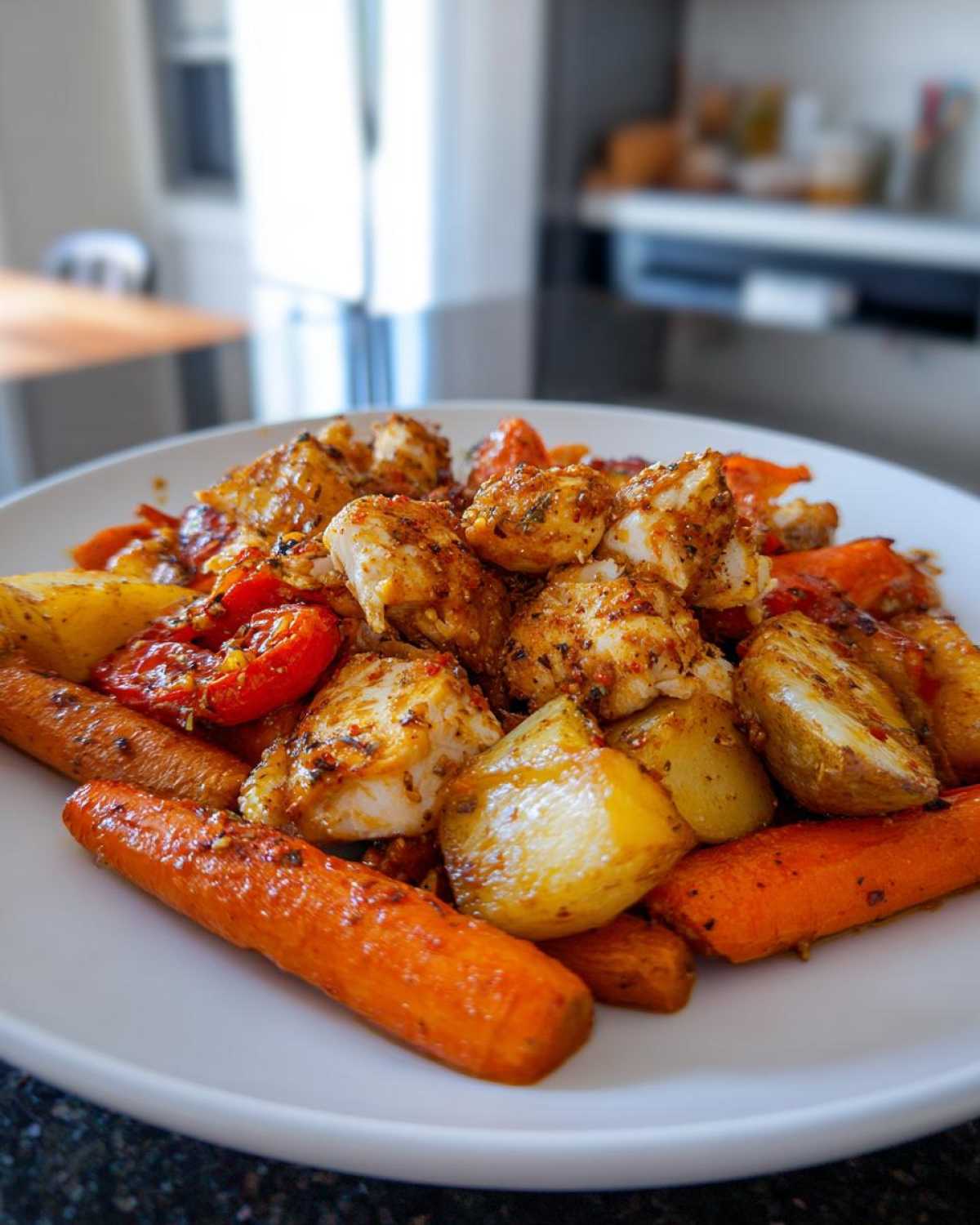 A close-up of cubed chicken pieces seasoned and mixed with roasted potatoes and carrots from the Honey Mustard Chicken Bake.