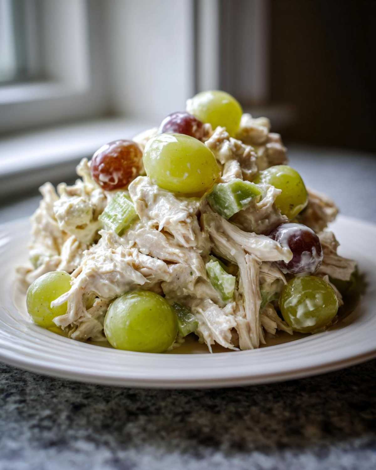 A mound of creamy Honey Mustard Chicken Salad with Grapes and celery served on a white plate.