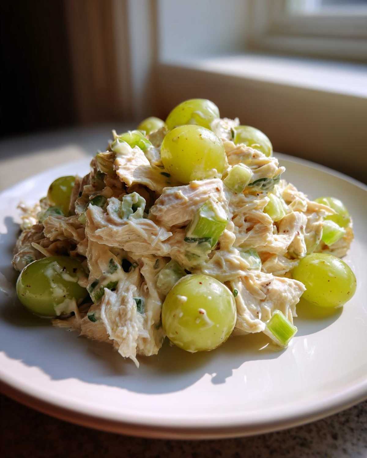 A mound of creamy Honey Mustard Chicken Salad with Grapes and celery served on a white plate.