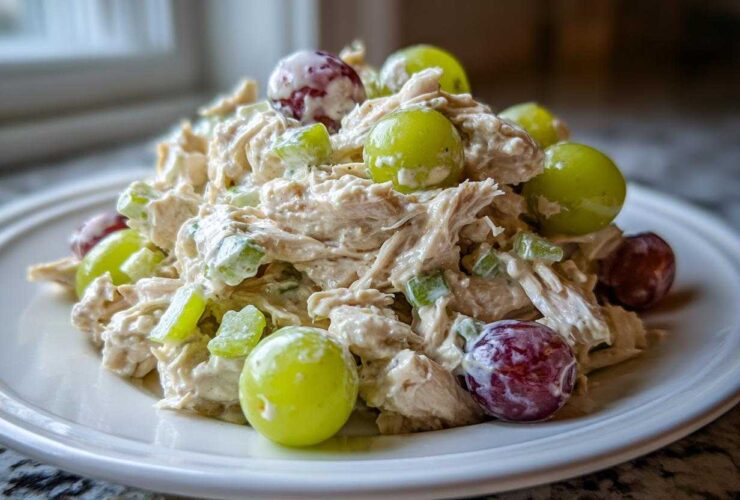 A mound of creamy Honey Mustard Chicken Salad with Grapes and celery served on a white plate.