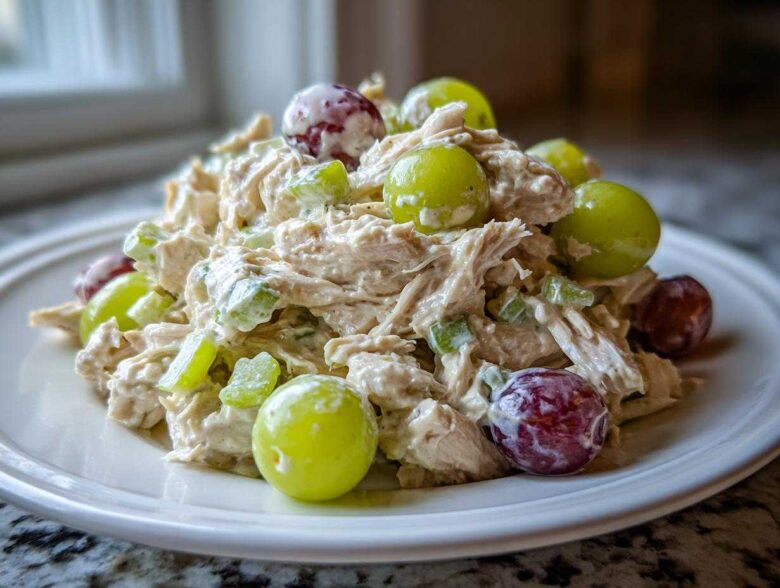 A mound of creamy Honey Mustard Chicken Salad with Grapes and celery served on a white plate.