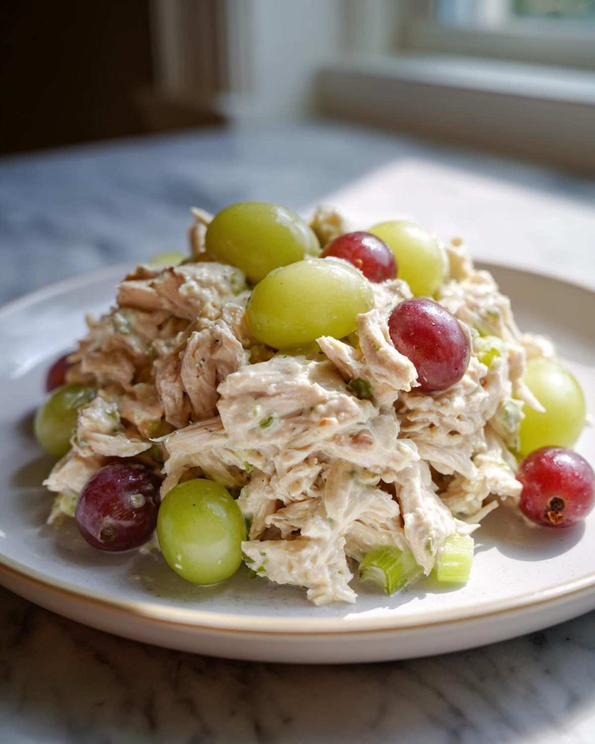 A mound of creamy Honey Mustard Chicken Salad with Grapes and celery pieces served on a light plate.