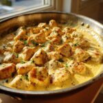 Close-up of seared chicken pieces coated in a rich, creamy Honey Mustard Chicken Skillet with Cream Sauce, garnished with parsley.