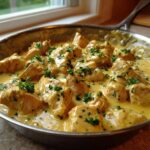 Close-up of Honey Mustard Chicken Skillet with Cream Sauce, garnished with fresh parsley in a stainless steel pan.