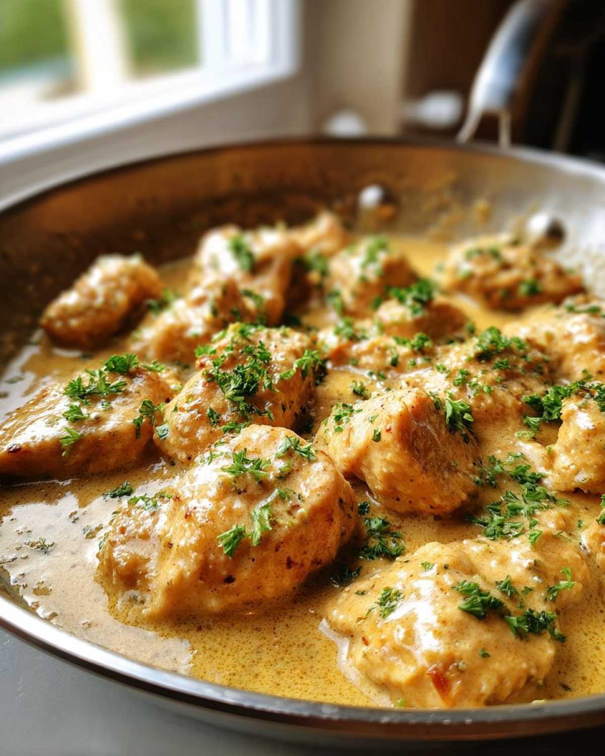 Close-up of Honey Mustard Chicken Skillet with Cream Sauce, garnished with fresh parsley.