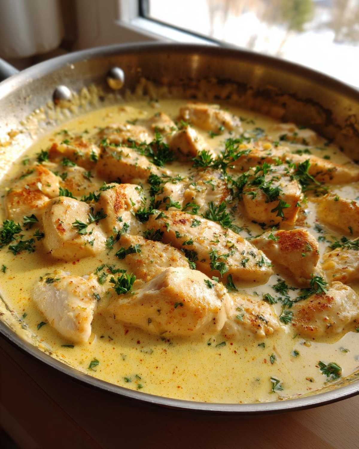Close-up of Honey Mustard Chicken Skillet with Cream Sauce, garnished with fresh parsley, in a stainless steel pan.