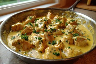Close-up of Honey Mustard Chicken Skillet with Cream Sauce, garnished with fresh parsley in a stainless steel pan.