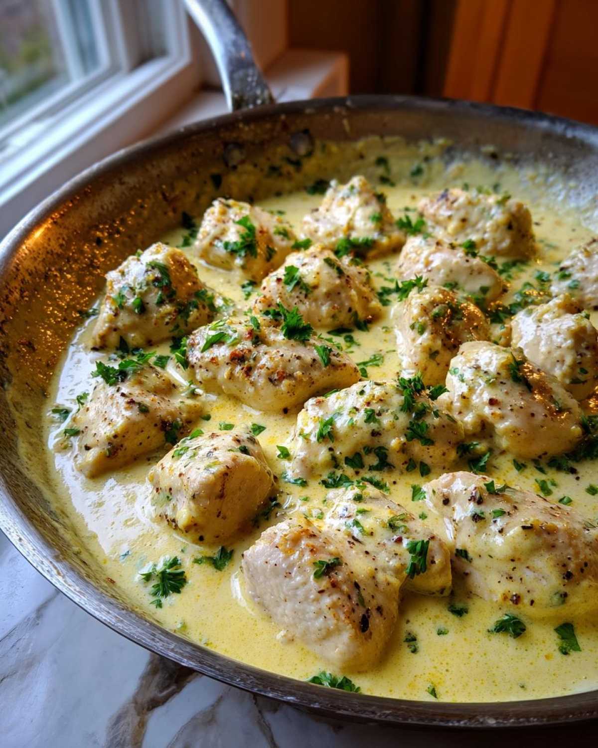 Close-up of bite-sized chicken pieces simmering in a rich, yellow Honey Mustard Chicken Skillet with Cream Sauce, garnished with parsley.