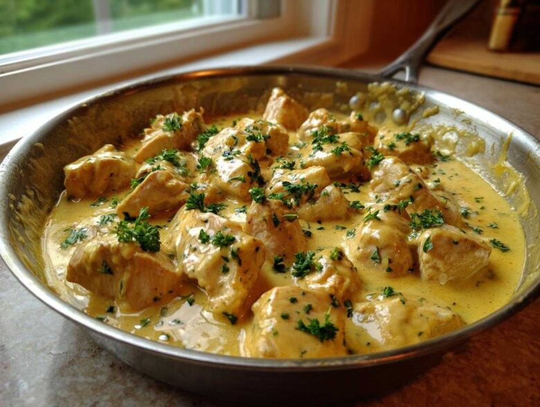 Close-up of Honey Mustard Chicken Skillet with Cream Sauce, garnished with fresh parsley in a stainless steel pan.