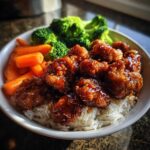 Close-up of a Honey Soy Chicken Bowl Quick Dinner Idea featuring glazed chicken pieces over rice with carrots and broccoli.