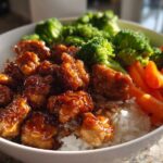 Close-up of a Honey Soy Chicken Bowl Quick Dinner Idea featuring glazed chicken pieces over rice with steamed broccoli and carrots.