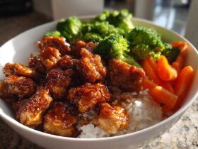 Close-up of a Honey Soy Chicken Bowl Quick Dinner Idea featuring glazed chicken pieces over rice with steamed broccoli and carrots.