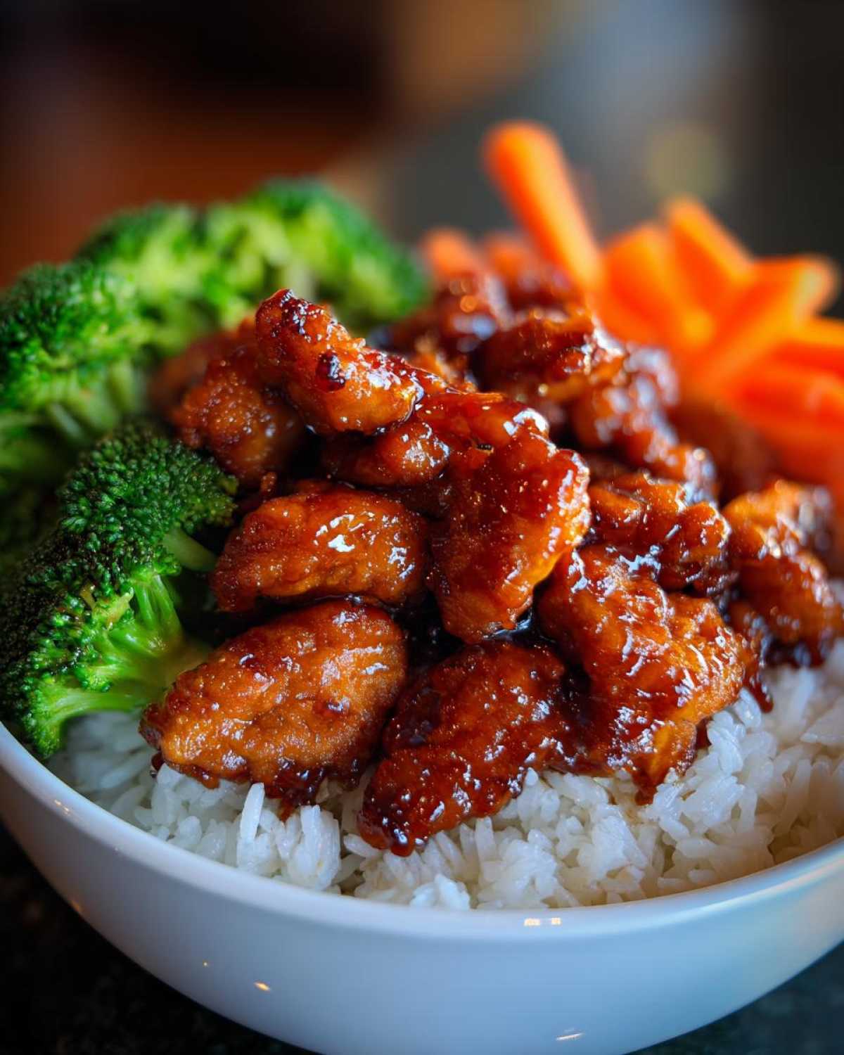 Close-up of a Honey Soy Chicken Bowl Quick Dinner Idea featuring glazed chicken pieces over white rice with steamed broccoli and sliced carrots.