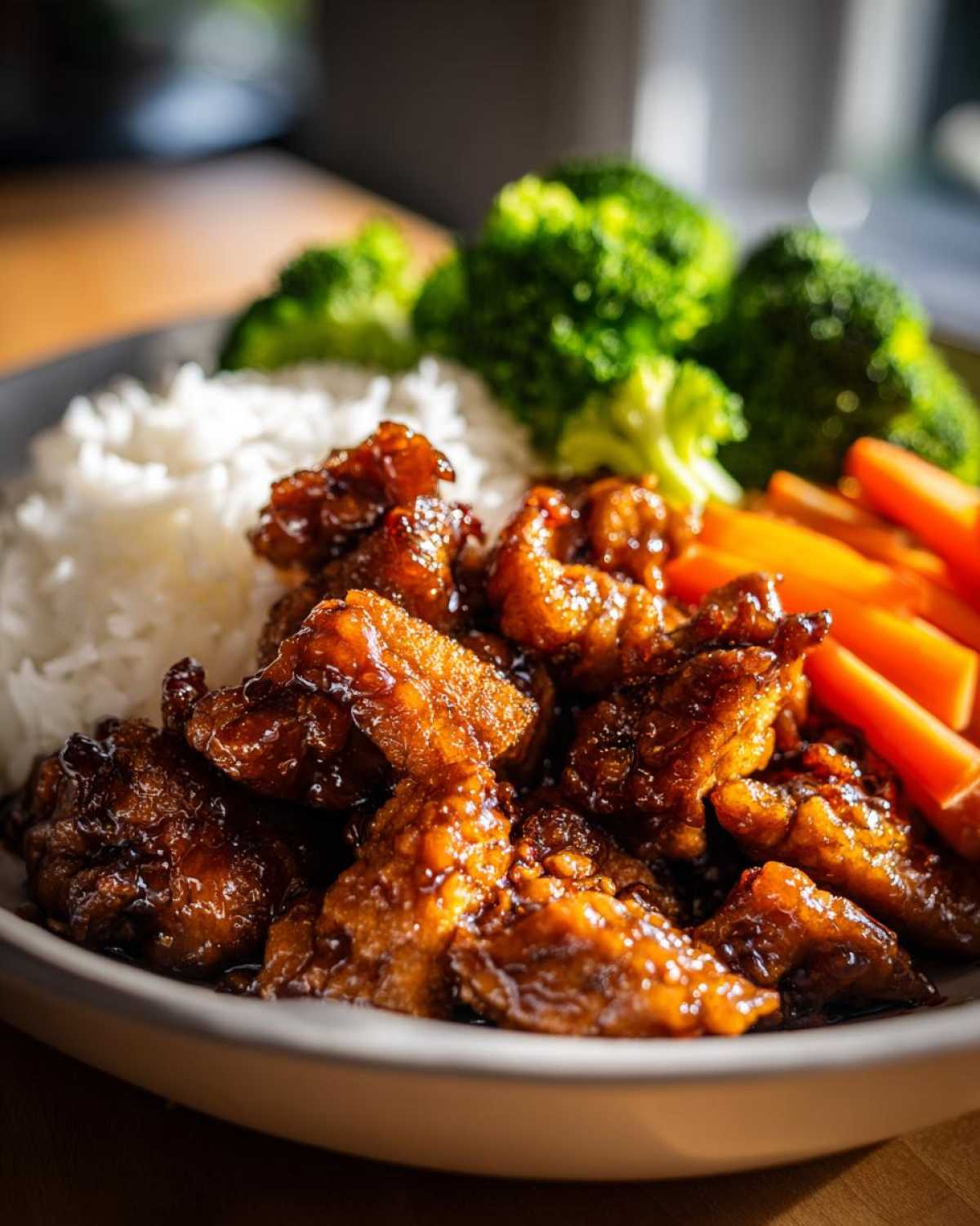Close-up of a Honey Soy Chicken Bowl Quick Dinner Idea featuring glazed chicken pieces, white rice, steamed broccoli, and carrot sticks.