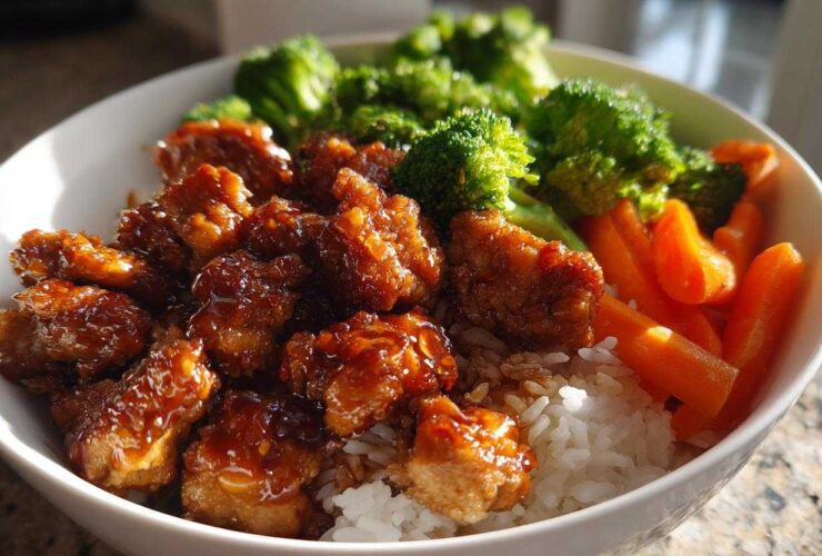 Close-up of a Honey Soy Chicken Bowl Quick Dinner Idea featuring glazed chicken pieces over rice with steamed broccoli and carrots.