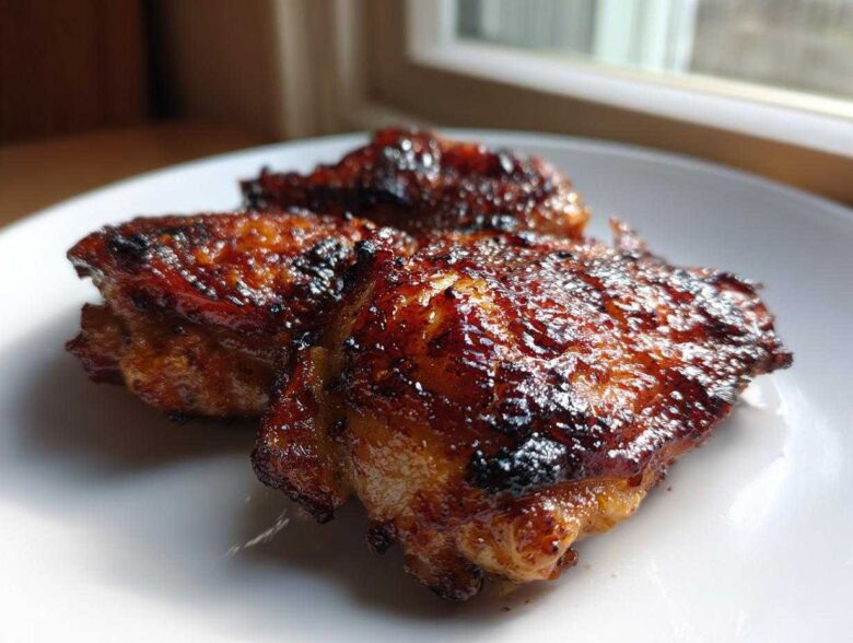 Close-up of three Honey Soy Chicken Thighs with crispy, dark, caramelized edges on a white plate.