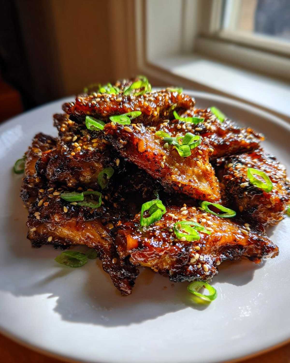 A close-up of glossy, caramelized Honey Soy Chicken Wings Crispy Oven Baked, garnished with sesame seeds and green onions.
