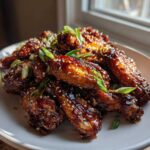 A plate piled high with glossy Honey Soy Chicken Wings Crispy Oven Baked, garnished with sesame seeds and green onions.
