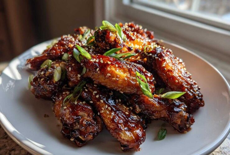 A plate piled high with glossy Honey Soy Chicken Wings Crispy Oven Baked, garnished with sesame seeds and green onions.