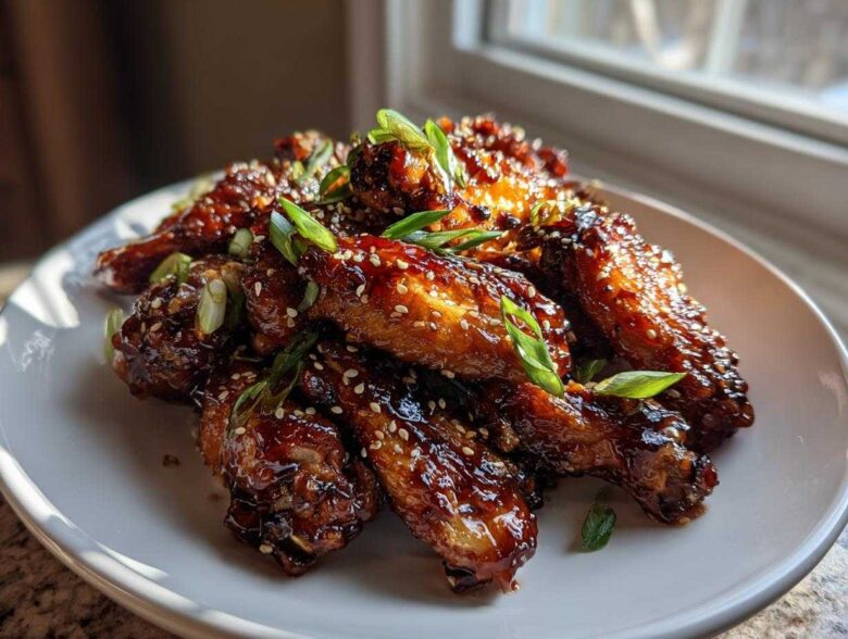 A plate piled high with glossy Honey Soy Chicken Wings Crispy Oven Baked, garnished with sesame seeds and green onions.