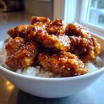 Close-up of crispy Honey Soy Garlic Chicken pieces generously coated in a glossy sauce, served over white rice in a bowl.