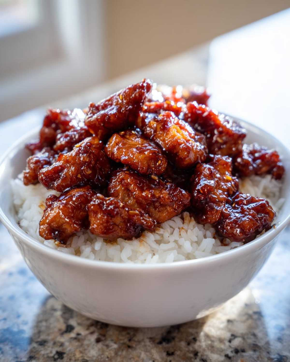 Close-up of Honey Soy Garlic Chicken pieces coated in sticky glaze served over a bed of white rice in a white bowl.