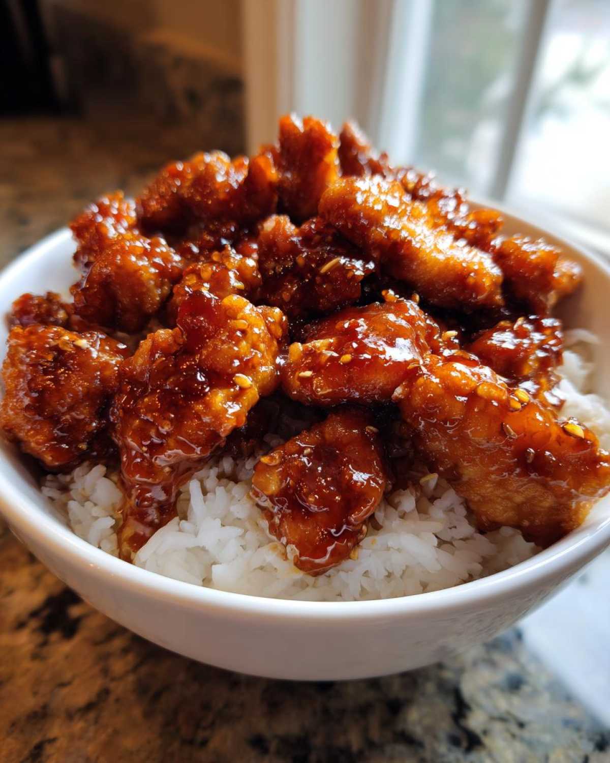 Close-up of crispy, glazed Honey Soy Garlic Chicken pieces served over a bed of fluffy white rice in a white bowl.