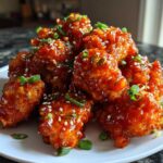 A plate piled high with glistening Honey Sriracha Chicken Bites, topped with sesame seeds and chopped green onions.
