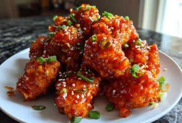 A plate piled high with glistening Honey Sriracha Chicken Bites, topped with sesame seeds and chopped green onions.