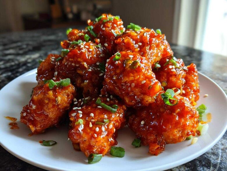 A plate piled high with glistening Honey Sriracha Chicken Bites, topped with sesame seeds and chopped green onions.
