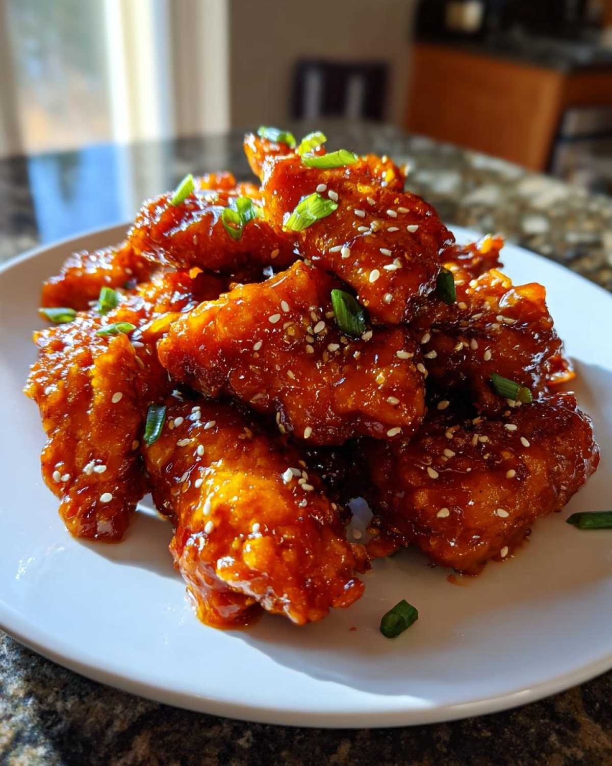 A pile of glistening Honey Sriracha Chicken Bites coated in a sweet and spicy glaze, garnished with sesame seeds and green onions.
