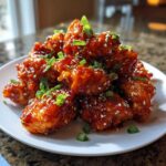 A pile of glistening Honey Sriracha Chicken Bites coated in a sweet and spicy glaze, topped with sesame seeds and chopped green onions.