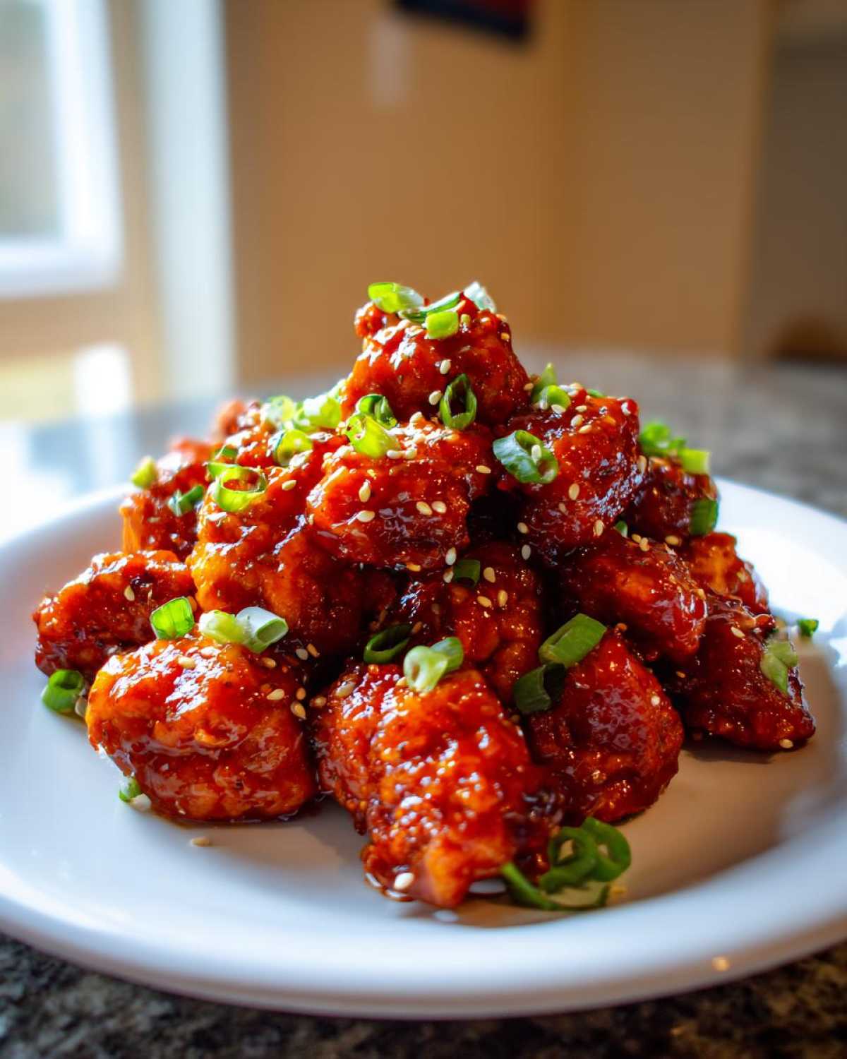 A pile of glossy, glazed Honey Sriracha Chicken Bites garnished with sesame seeds and sliced green onions.