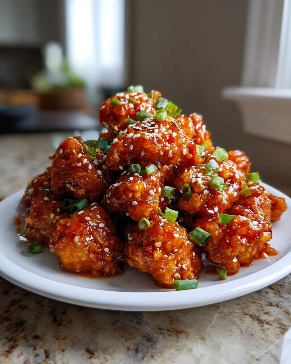 A mound of glossy Honey Sriracha Chicken Bites, garnished with sesame seeds and chopped green onions.