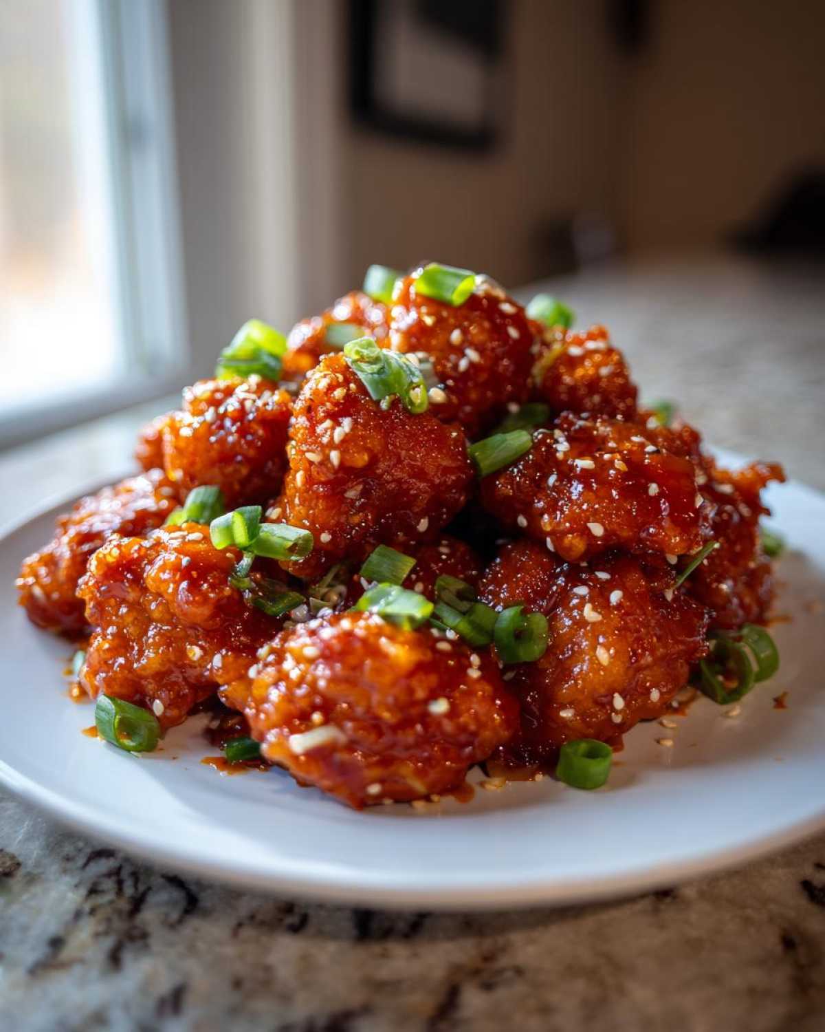 A pile of glistening Honey Sriracha Chicken Bites coated in sweet and spicy sauce, sprinkled with sesame seeds and green onions.