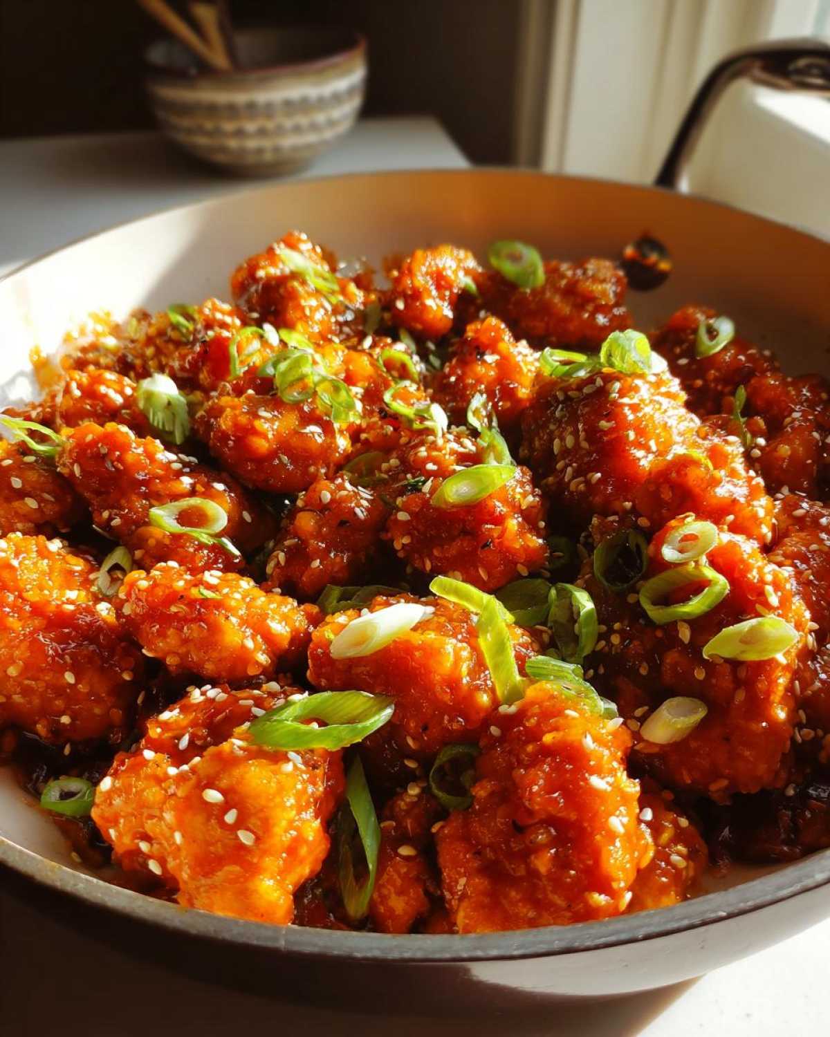 Close-up of bite-sized Honey Sriracha Chicken Skillet pieces coated in a glossy sauce, garnished with sesame seeds and green onions.
