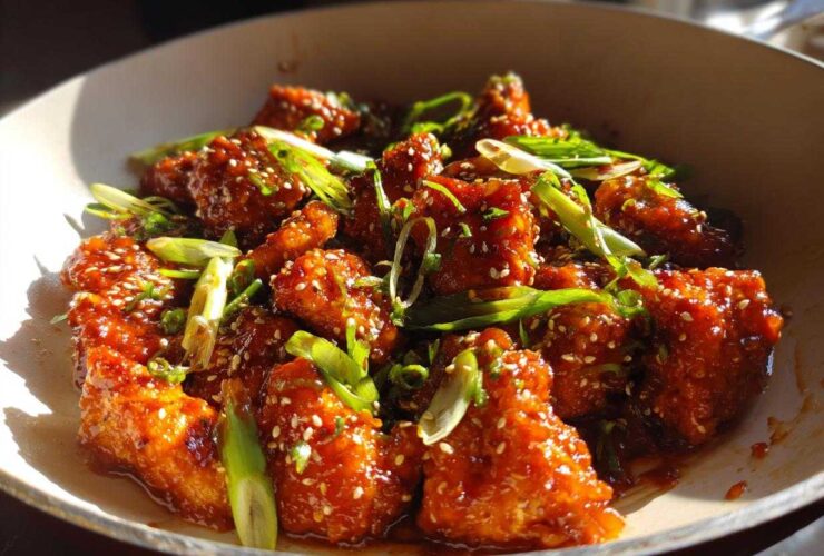 Close-up of glistening Honey Sriracha Chicken Skillet pieces coated in sauce, garnished with sesame seeds and green onions.