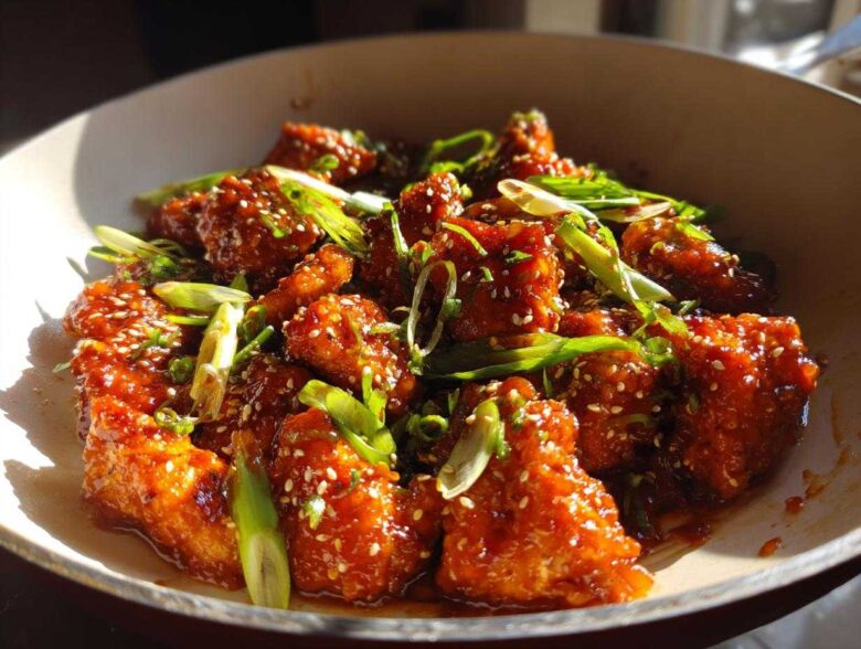 Close-up of glistening Honey Sriracha Chicken Skillet pieces coated in sauce, garnished with sesame seeds and green onions.