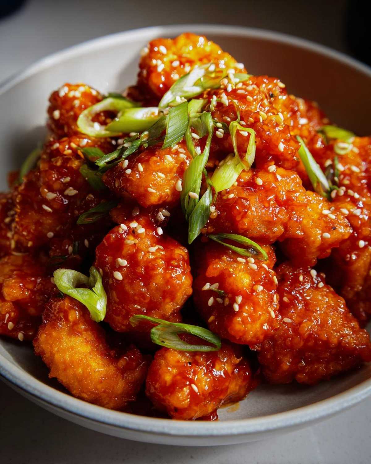 Close-up of crispy chicken pieces coated in a glossy, sweet and spicy Honey Sriracha Chicken Skillet sauce, topped with sesame seeds and green onions.