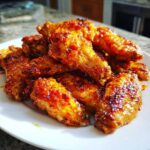 A pile of crispy oven baked Honey Sriracha Chicken Wings coated in a glossy, spicy-sweet glaze on a white plate.
