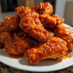 A pile of crispy oven baked Honey Sriracha Chicken Wings coated in a glossy, spicy red sauce on a white plate.
