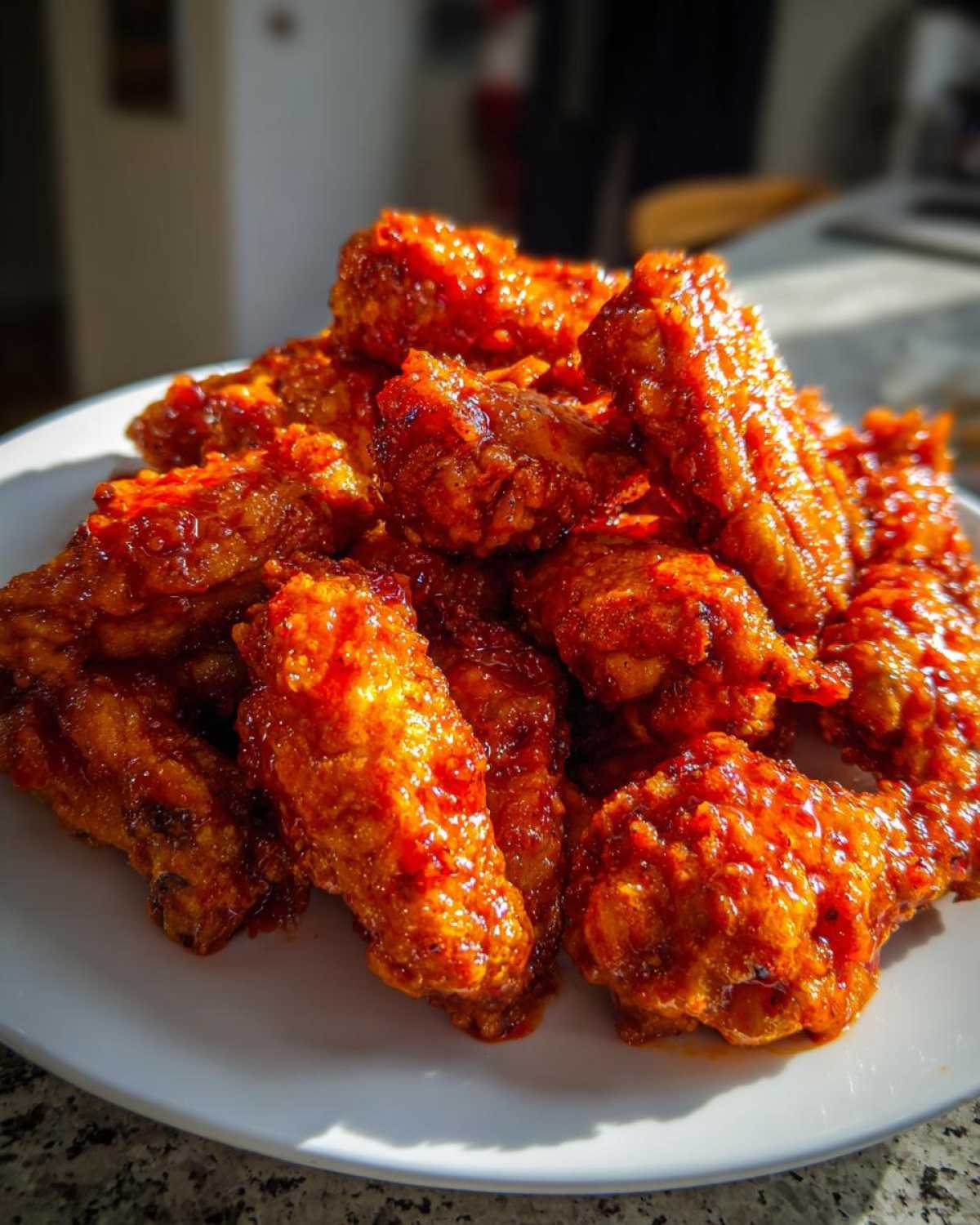 A close-up pile of crispy oven baked Honey Sriracha Chicken Wings coated in a glossy, bright red sauce.