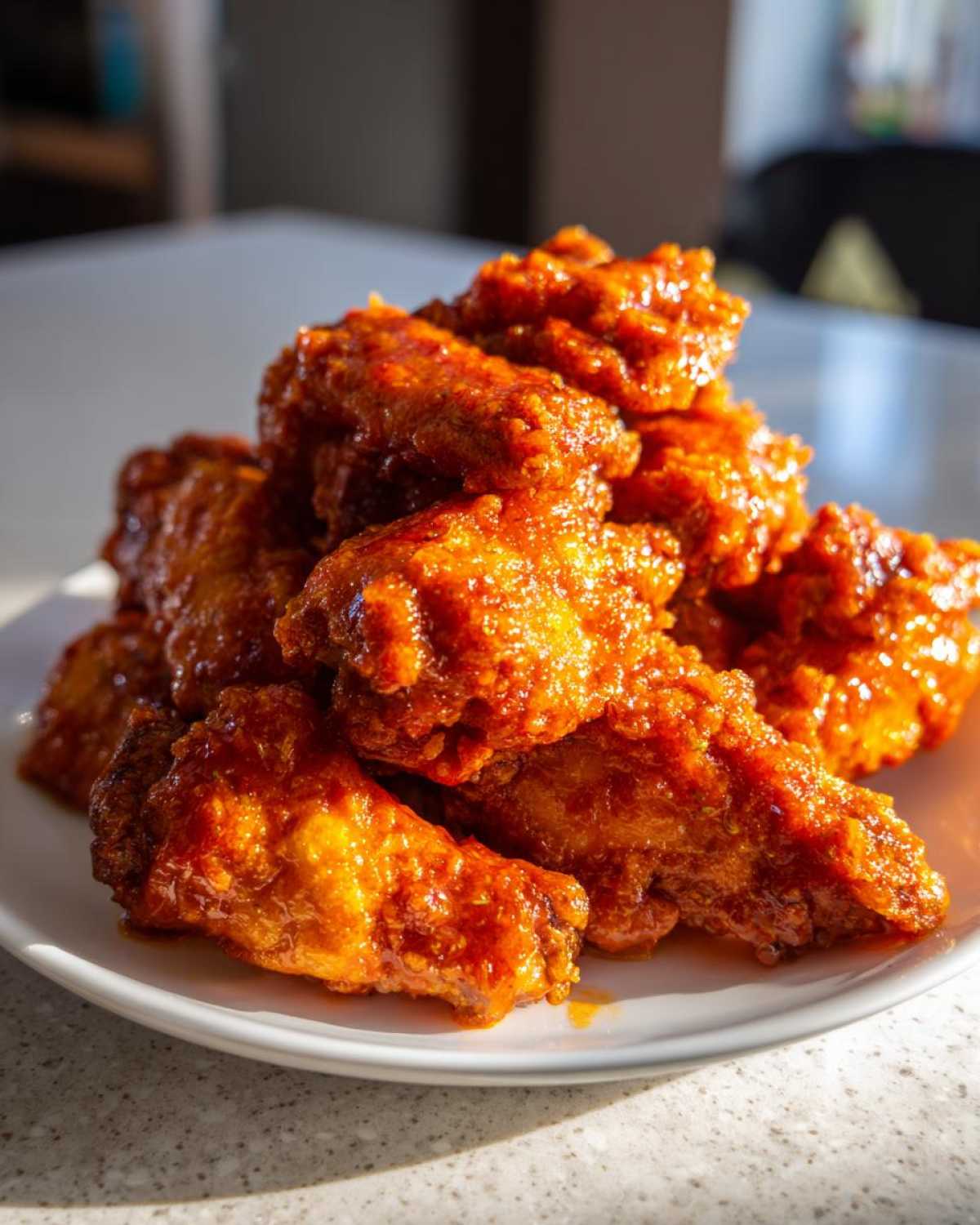A pile of crispy oven baked Honey Sriracha Chicken Wings coated in a glossy, bright orange-red sauce.