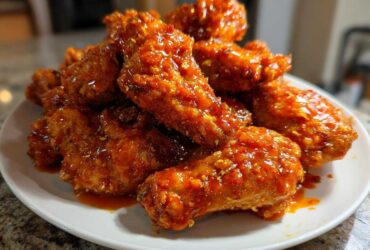 A pile of crispy oven baked Honey Sriracha Chicken Wings coated in a glossy, spicy red sauce on a white plate.